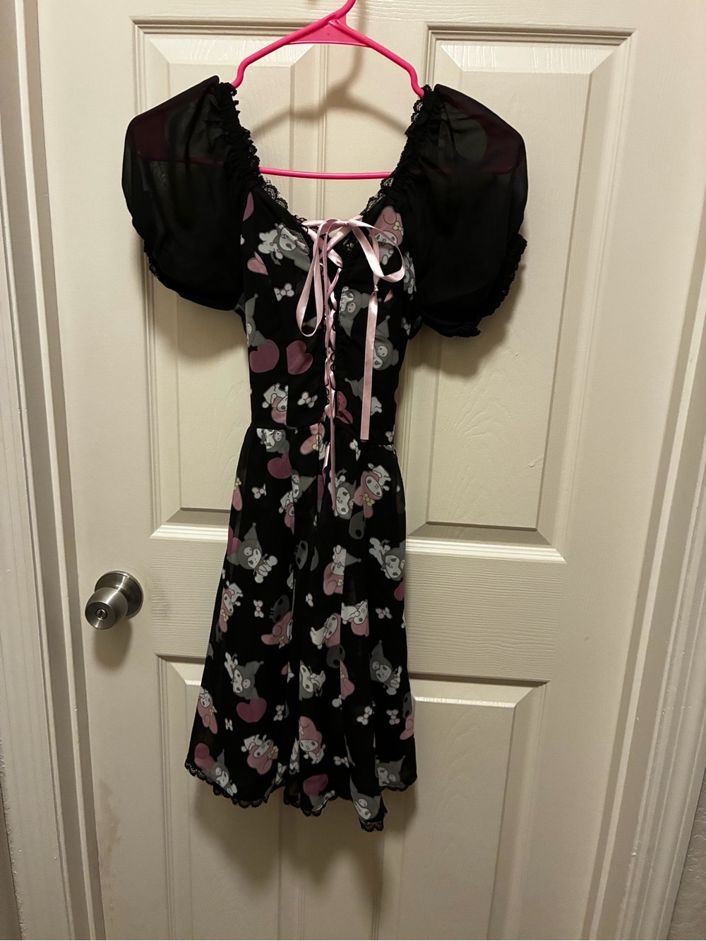 Girls' Black Heart My Melody and kuromi Print Dress with Pink Ribbon